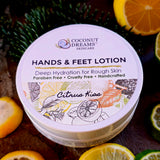 Coconut Dreams Skincare Citrus Kiss hands and feet lotion jar with citrus slices.