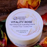 Coconut Dreams Skincare Vitality Rose Night Crème jar styled with dried rose petals.