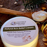 Natural itch relief cream jar with wooden spoon and cream texture.