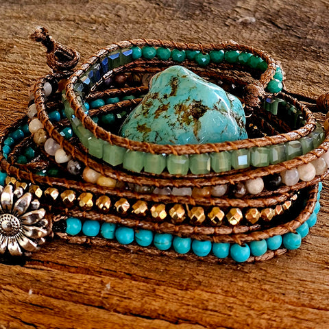 Bohemian Turquoise 5-Strand Wrapped Stone Bracelet