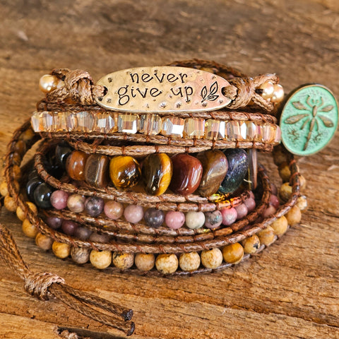 NEVER GIVE UP Tiger's Eye 5-Strand Stone Wrap Bracelet